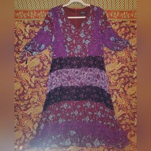 Boho Patchwork Fit & Flare Dress – Purple Floral Colorblock Mini Dress